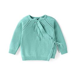Babyhug Knitted Full Sleeves Side Tie Up Sweater Set with Cap - Aqua Blue