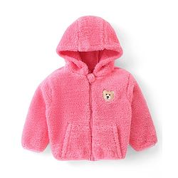 Babyhug Woven Full Sleeves Front Open Hooded Fur Jacket With Bear Embroidery Detailing - Pink