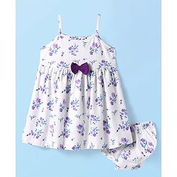 Babyhug Single Jersey Knit Sleeveless Floral Printed Dress With Bloomer & Bow Applique - White