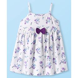 Babyhug Single Jersey Knit Sleeveless Floral Printed Dress With Bloomer & Bow Applique - White