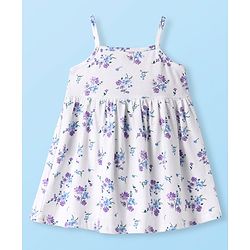 Babyhug Single Jersey Knit Sleeveless Floral Printed Dress With Bloomer & Bow Applique - White