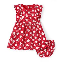 Babyhug Single Jersey Knitted Half Sleeves Frill Detailing Floral Printed Frock with Bloomer - Red & White