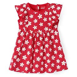 Babyhug Single Jersey Knitted Half Sleeves Frill Detailing Floral Printed Frock with Bloomer - Red & White
