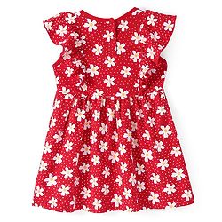 Babyhug Single Jersey Knitted Half Sleeves Frill Detailing Floral Printed Frock with Bloomer - Red & White