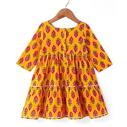 Babyhug Cotton Woven Three Fourth Sleeves Floral Printed Ethnic Dress - Mustard
