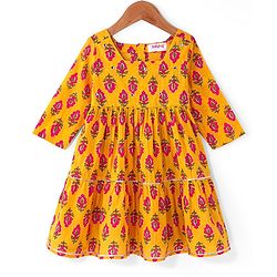 Babyhug Cotton Woven Three Fourth Sleeves Floral Printed Ethnic Dress - Mustard