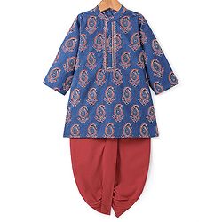 Babyhug  Cotton Woven Full Sleeves Printed  Kurta & Dhoti Set - Navy Blue