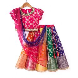 Babyhug Woven Short Puff Sleeves Sequinned & Floral Embroidered Choli With Brocade Lehenga and Net Dupatta - Multicolour