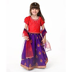 Babyhug Woven Puffed Sleeves Foil Printed Embroidered Choli Lehenga & Dupatta Set - Purple