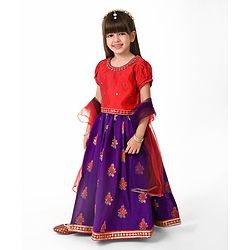 Babyhug Woven Puffed Sleeves Foil Printed Embroidered Choli Lehenga & Dupatta Set - Purple
