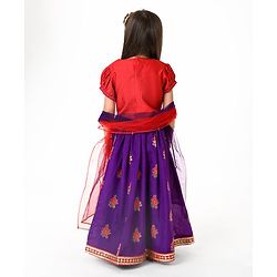 Babyhug Woven Puffed Sleeves Foil Printed Embroidered Choli Lehenga & Dupatta Set - Purple