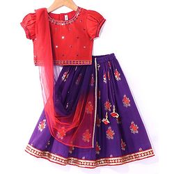 Babyhug Woven Puffed Sleeves Foil Printed Embroidered Choli Lehenga & Dupatta Set - Purple