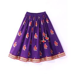 Babyhug Woven Puffed Sleeves Foil Printed Embroidered Choli Lehenga & Dupatta Set - Purple