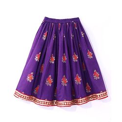 Babyhug Woven Puffed Sleeves Foil Printed Embroidered Choli Lehenga & Dupatta Set - Purple