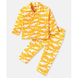 Babyhug Cotton Knit Full Sleeves Night Suit With Shark Print - Yellow