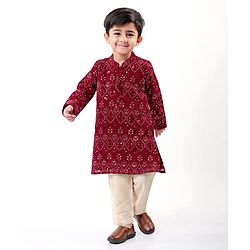Babyhug Woven Full Sleeves Floral Sequin Embroidered Kurta Pyjama Set - Maroon