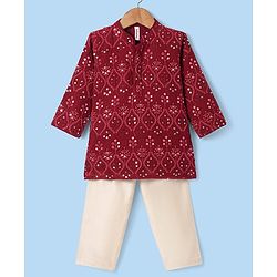 Babyhug Woven Full Sleeves Floral Sequin Embroidered Kurta Pyjama Set - Maroon