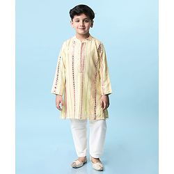 Babyhug Woven Full Sleeves Sequin Embroidered Kurta Pyjama Set - Lime