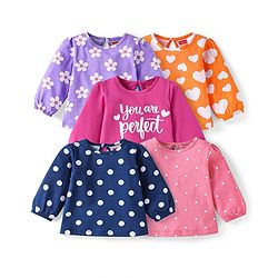 Babyhug Cotton Knit Full Sleeves T-Shirts with Floral Hearts & Text Print Pack of 5 - Multicolor