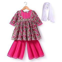 Babyhug Cotton Woven Three Fourth Floral Print Kurti Gharara Set With Dupatta - Dark Pink
