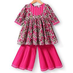 Babyhug Cotton Woven Three Fourth Floral Print Kurti Gharara Set With Dupatta - Dark Pink
