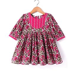 Babyhug Cotton Woven Three Fourth Floral Print Kurti Gharara Set With Dupatta - Dark Pink