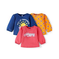 Babyhug Cotton Knit Full Sleeves T-Shirts with Floral & Text Print Pack of 3 - Red Navy Blue & Orange