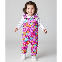 Babyhug Cotton Knit Full Sleeves Polka Doted Top with Floral Printed Dungaree - White & Purple