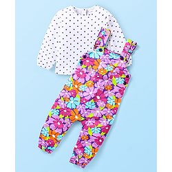 Babyhug Cotton Knit Full Sleeves Polka Doted Top with Floral Printed Dungaree - White & Purple