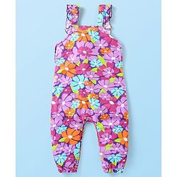 Babyhug Cotton Knit Full Sleeves Polka Doted Top with Floral Printed Dungaree - White & Purple