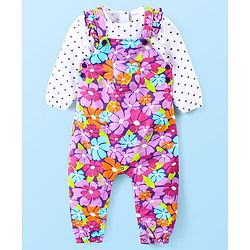 Babyhug Cotton Knit Full Sleeves Polka Doted Top with Floral Printed Dungaree - White & Purple