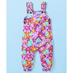 Babyhug Cotton Knit Full Sleeves Polka Doted Top with Floral Printed Dungaree - White & Purple