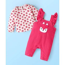 Babyhug Single Jersey Knit Dungaree & Full Sleeves Floral Printed T-Shirt - Dark Pink & White