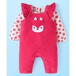 Babyhug Single Jersey Knit Dungaree & Full Sleeves Floral Printed T-Shirt - Dark Pink & White