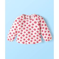Babyhug Single Jersey Knit Dungaree & Full Sleeves Floral Printed T-Shirt - Dark Pink & White