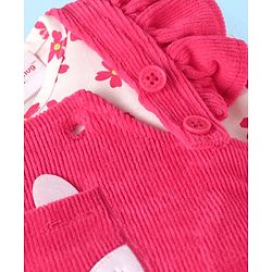 Babyhug Single Jersey Knit Dungaree & Full Sleeves Floral Printed T-Shirt - Dark Pink & White