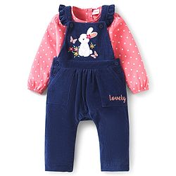 Babyhug Single Jersey Knit Dungaree & T-Shirt With Floral & Animal Embroidery - Pink & Navy