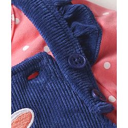 Babyhug Single Jersey Knit Dungaree & T-Shirt With Floral & Animal Embroidery - Pink & Navy