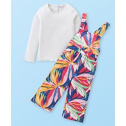 Babyhug Single Jersey Knit Full Sleeves Solid T-Shirt and Dungaree Set Floral Print - Blue Yellow & White