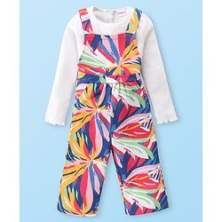 Babyhug Single Jersey Knit Full Sleeves Solid T-Shirt and Dungaree Set Floral Print - Blue Yellow & White