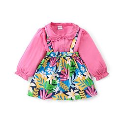 Babyhug Single Jersey Knit Full Sleeves Solid Colour Peter Pan Collared Top & Floral Printed Skirt - Pink & Blue
