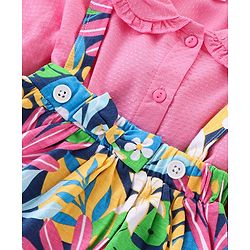 Babyhug Single Jersey Knit Full Sleeves Solid Colour Peter Pan Collared Top & Floral Printed Skirt - Pink & Blue