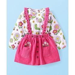 Babyhug Single Jersey Knit Full Sleeves Top & Skirt with Floral Print & Frill Detailing - Pink & White
