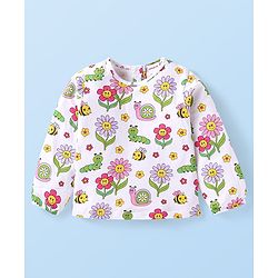 Babyhug Single Jersey Knit Full Sleeves Top & Skirt with Floral Print & Frill Detailing - Pink & White