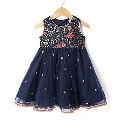 Babyhug Woven Sleeveless Net Embroidered Ethnic Dress With Sequin Detailing - Navy Blue