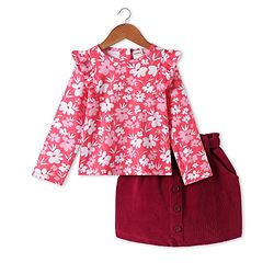 Babyhug Single Jersey Knit Full Sleeves Floral Printed Top & Mid Thigh Length Corduroy Skirt Set - Pink & Maroon