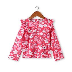 Babyhug Single Jersey Knit Full Sleeves Floral Printed Top & Mid Thigh Length Corduroy Skirt Set - Pink & Maroon