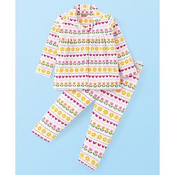 Babyhug Cotton Knit Full Sleeves Front Open Floral Printed Night Suit - White
