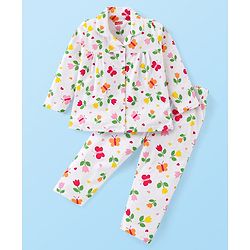 Babyhug Cotton Knit Full Sleeves Front Open Floral Printed Night Suit - Off White