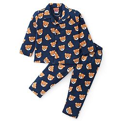 Babyhug Cotton Knit Full Sleeves Front Open Collar Neck Night Suit with Teddy Bear Print - Navy Blue